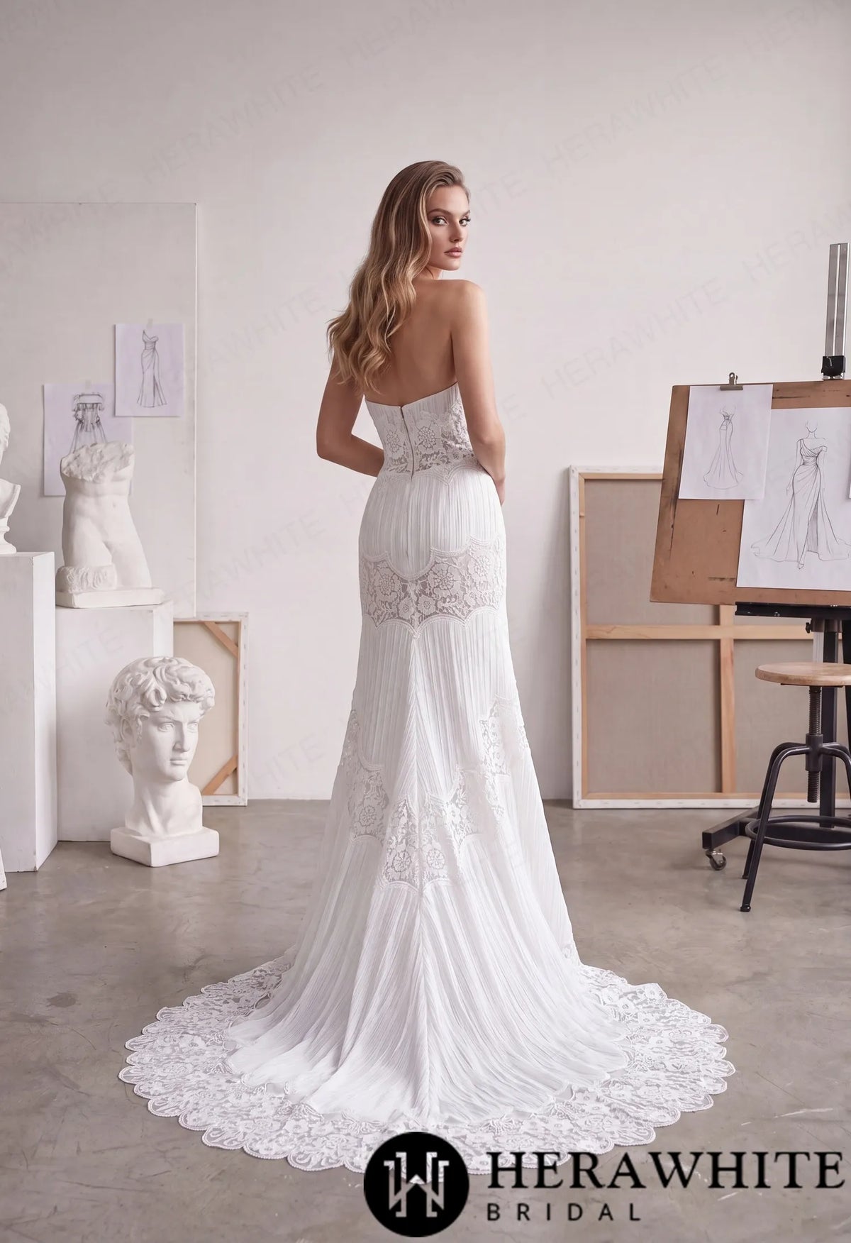 V-Notch Sheath Wedding Dress - Scalloped Floral Lace HW4099