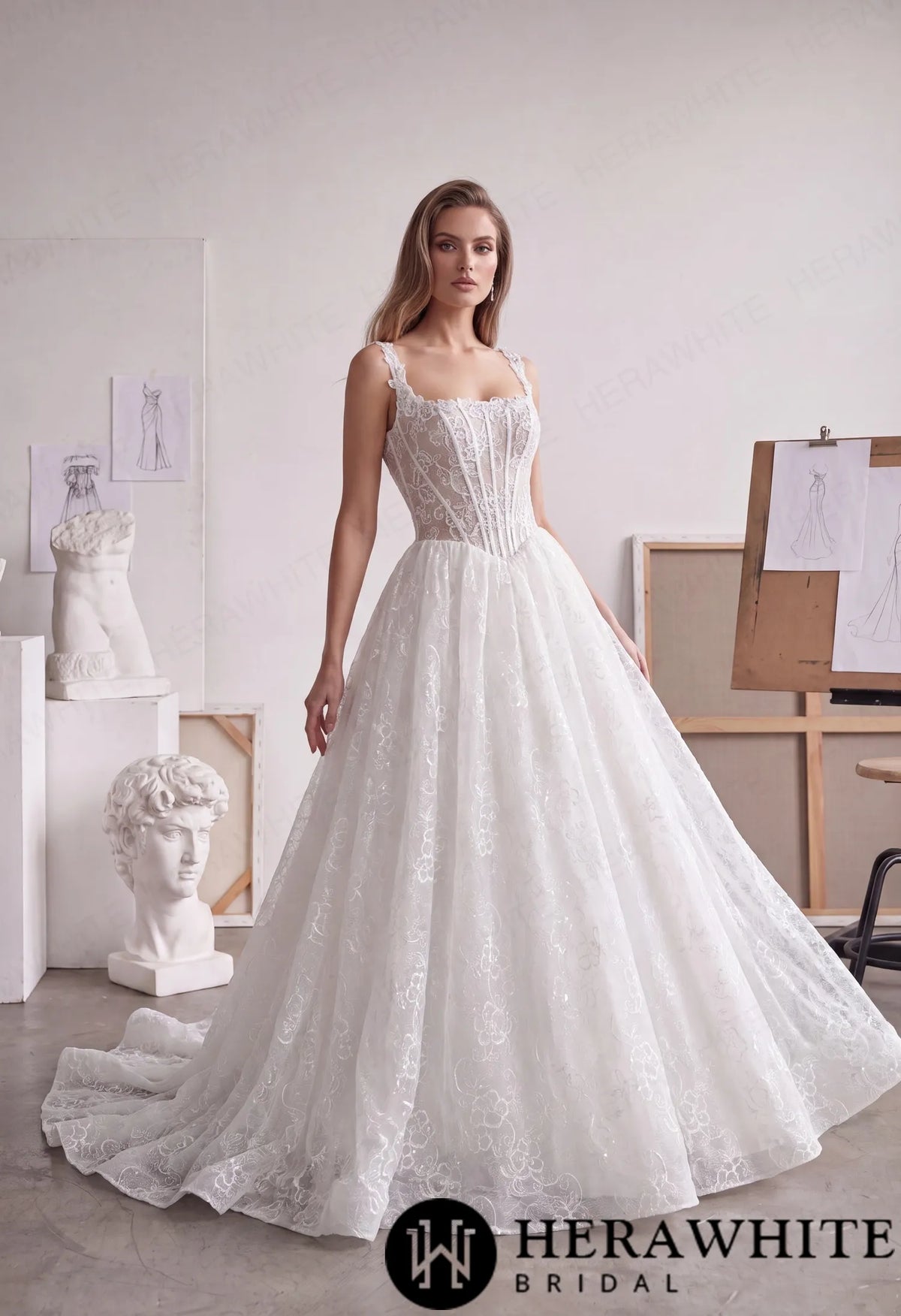 Square Neck Lace A-Line Wedding Dress with Floral Straps HW4101