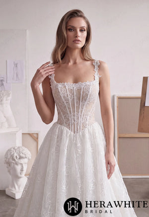 Square Neck Lace A-Line Wedding Dress with Floral Straps HW4101
