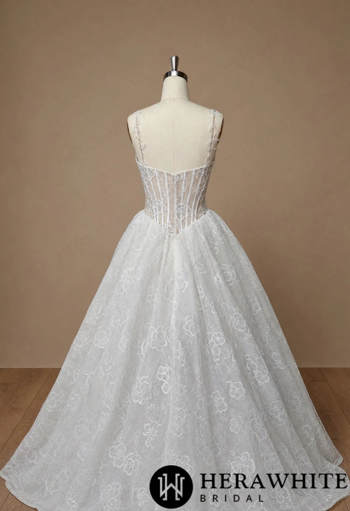 Square Neck Lace A-Line Wedding Dress with Floral Straps HW4101