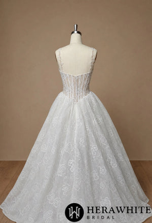 Square Neck Lace A-Line Wedding Dress with Floral Straps HW4101