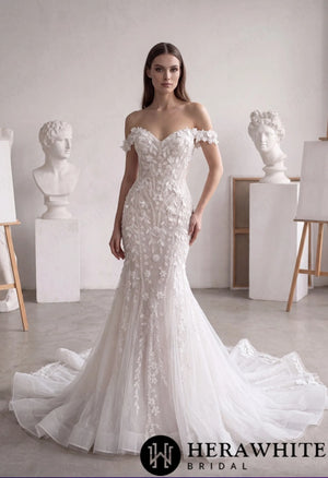 Off-Shoulder Lace Mermaid Wedding Dress with 3D Floral HW4102