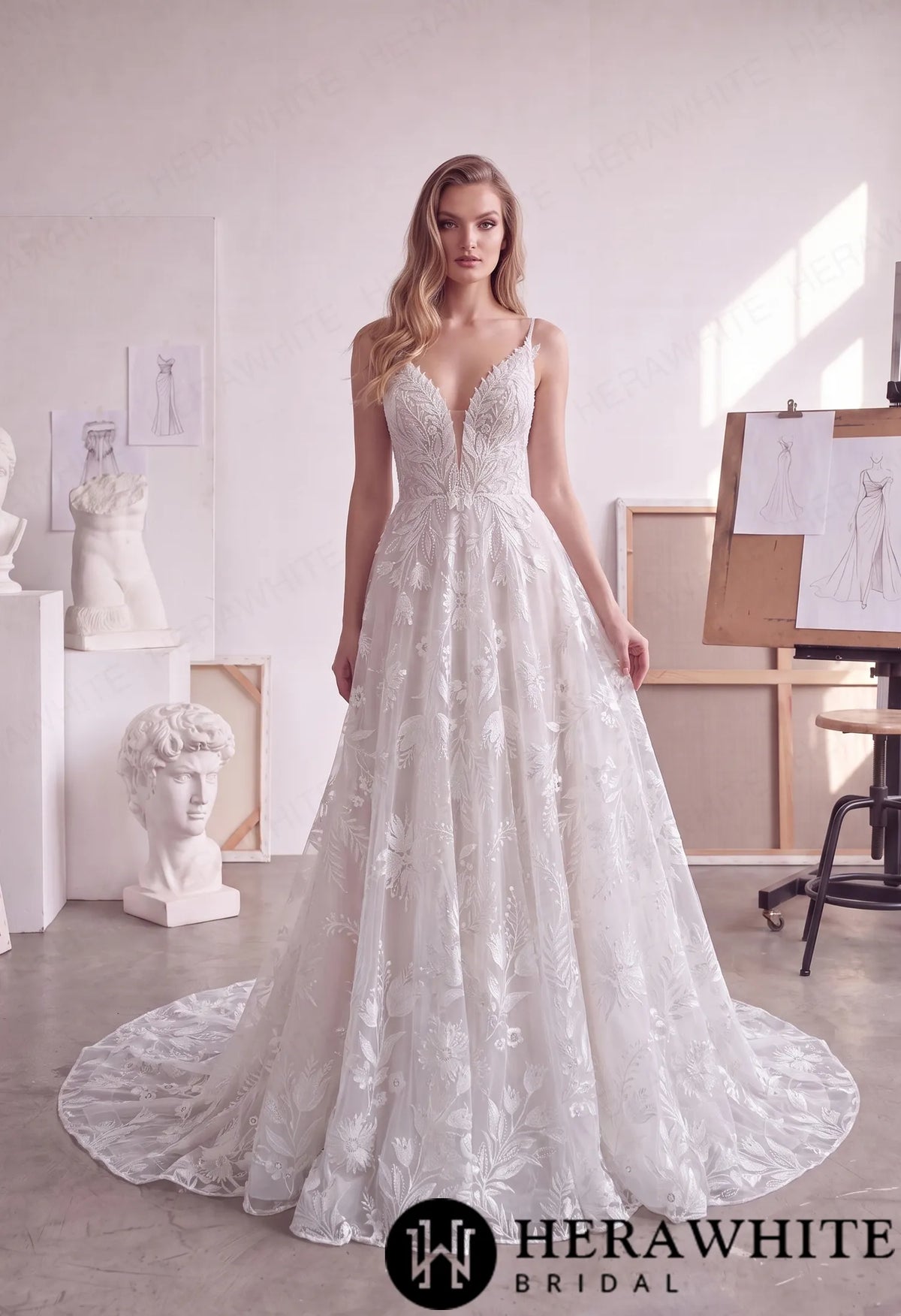 Floral Lace A-Line Wedding Dress with Plunging V-Neck HW4104