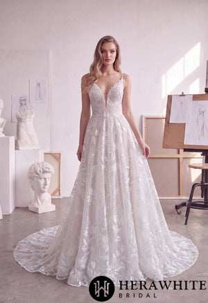 Floral Lace A-Line Wedding Dress with Plunging V-Neck HW4104