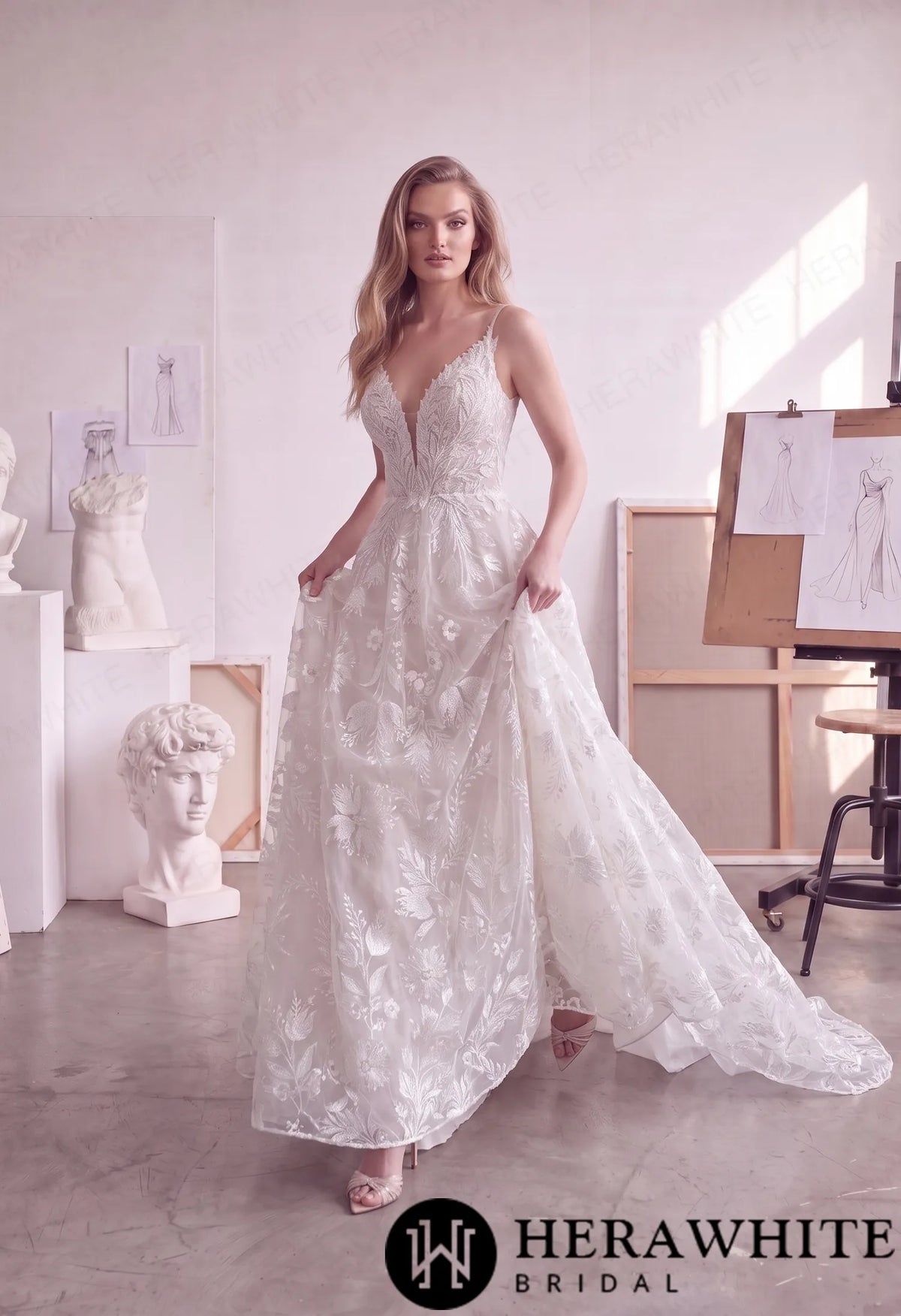 Floral Lace A-Line Wedding Dress with Plunging V-Neck HW4104