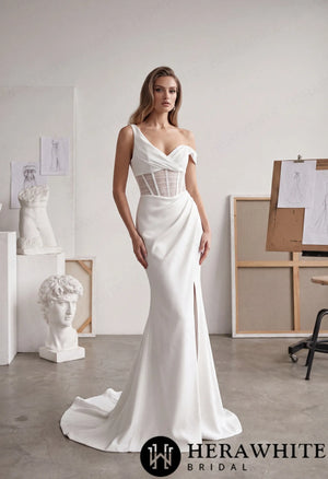 Asymmetrical Satin Wedding Dress - Sheer Corset Bodice HW4105