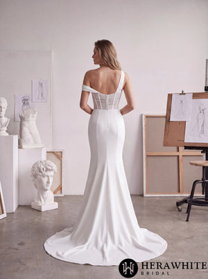 Asymmetrical Satin Wedding Dress - Sheer Corset Bodice HW4105
