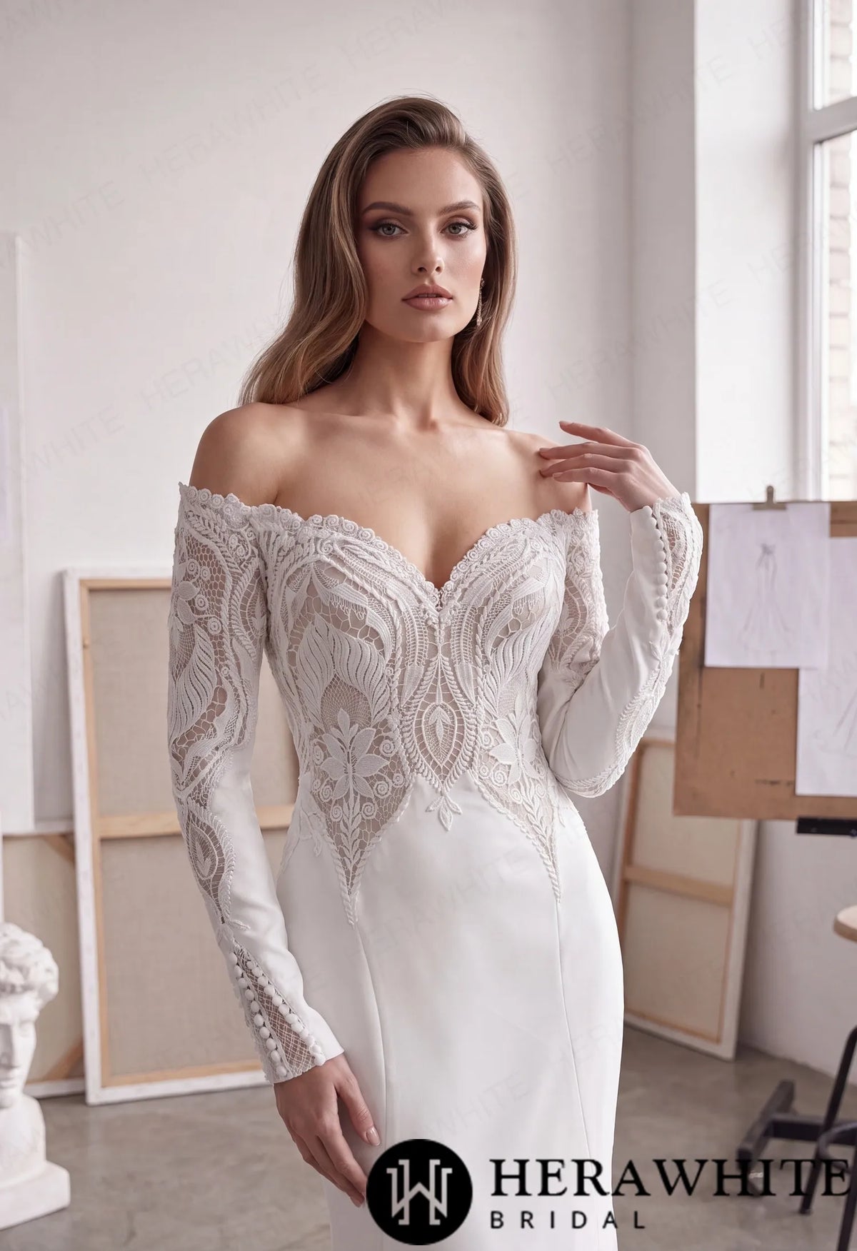 Off-Shoulder Long-Sleeve Crepe Wedding Dress with Lace HW4106
