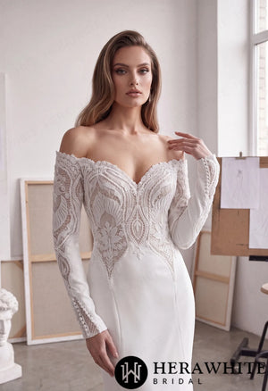 Off-Shoulder Long-Sleeve Crepe Wedding Dress with Lace HW4106