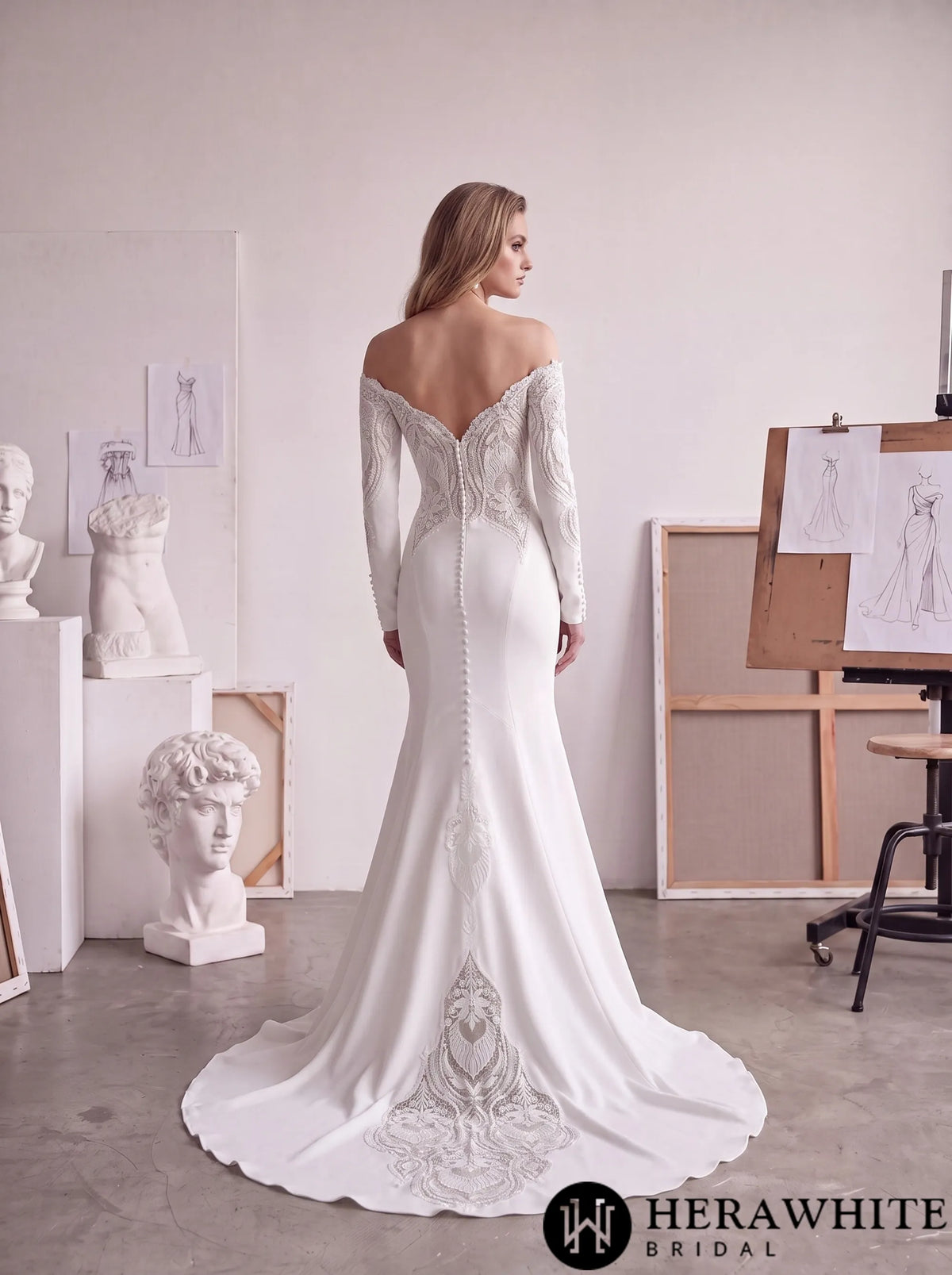 Off-Shoulder Long-Sleeve Crepe Wedding Dress with Lace HW4106