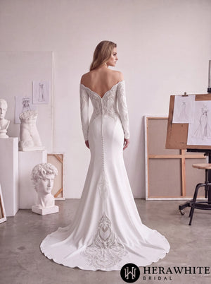Off-Shoulder Long-Sleeve Crepe Wedding Dress with Lace HW4106