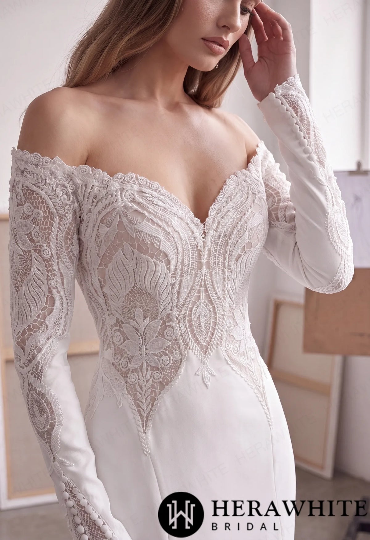 Off-Shoulder Long-Sleeve Crepe Wedding Dress with Lace HW4106