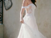 Romantic Off-the-Shoulder Sheer Lace Glitter Tulle Bridal Gown with Thigh Slit HW3825