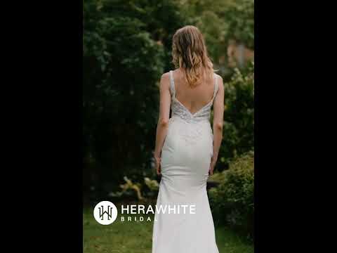 Beaded Fit And Flare V Neckline Crepe Wedding Dress HW3041