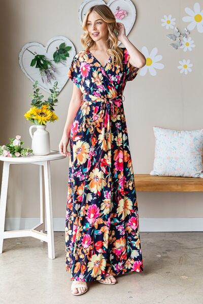 Heimish Full Size Floral Surplice Tie Waist Maxi Dress