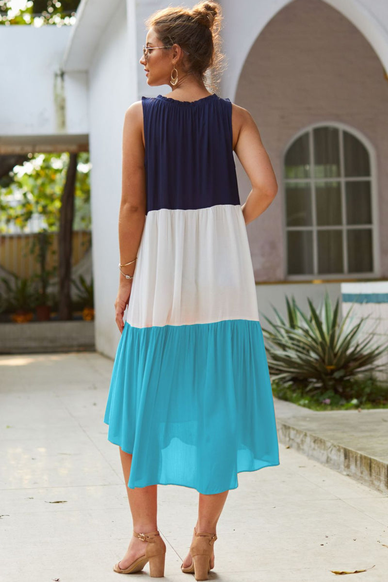 Sleeveless High Neck Color Block Dress