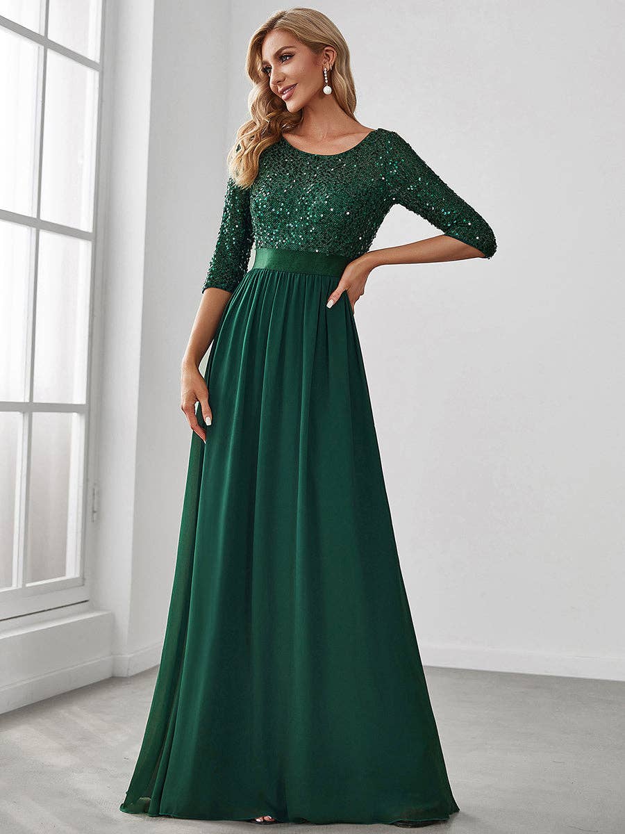 Elegant Round Neckline Sequins Patchwork Dress: 16 / Dark Green
