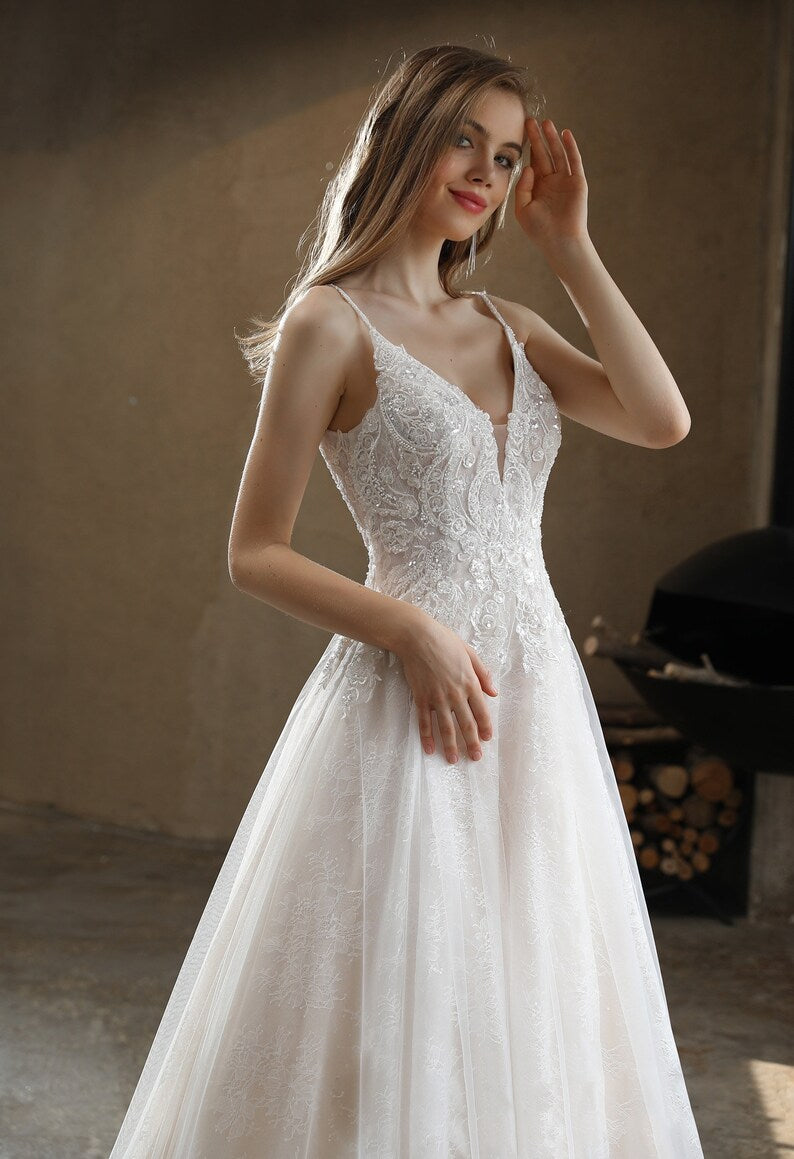Beaded A-Line Wedding Dress with Spaghetti Straps